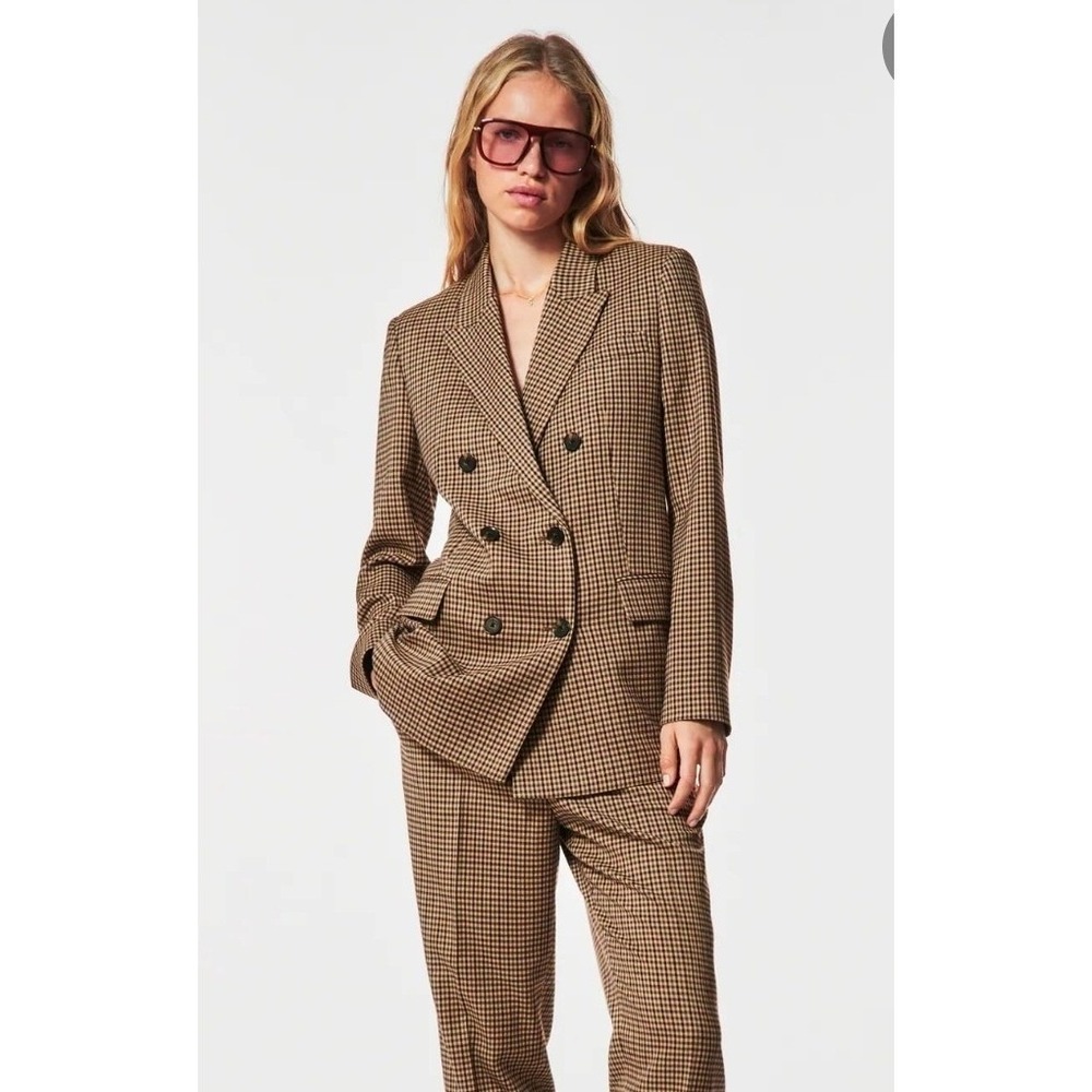 Zara Brown Houndstooth Double Breasted Blazer Camel Check Jacket 2761/256 S